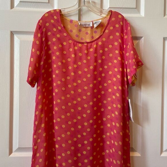 YELLOW-ORANGE-PINK CREPE POLKA DOT REVERSIBLE DRESS SIZE XL BY SILHOUETTES NWT - Picture 4 of 8
